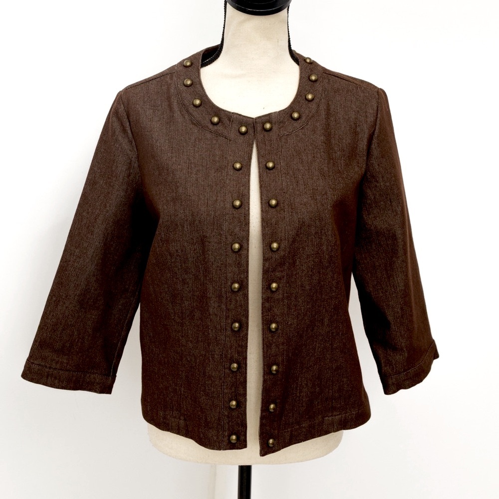 Chocolate denim jacket with antique gold studs embellished jacket NYCC M - Picture 6 of 11